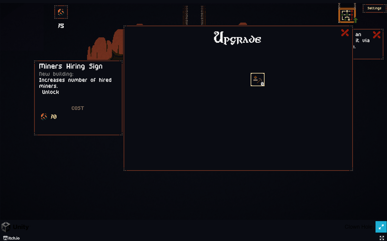 Tutorial upgrade panel with the Miners Hiring Sign unlock selected