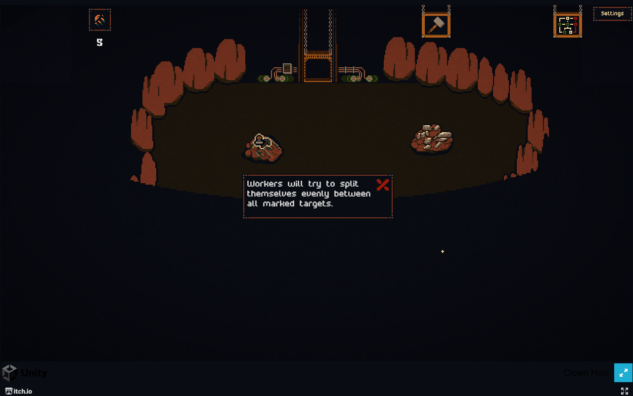 An ore node with a yellow work marker and the tutorial explanation of worker allocation